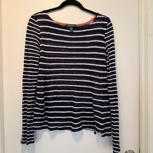 Lauren Ralph Lauren 100% Linen Striped Long Sleeve Tee Navy White Top Size M